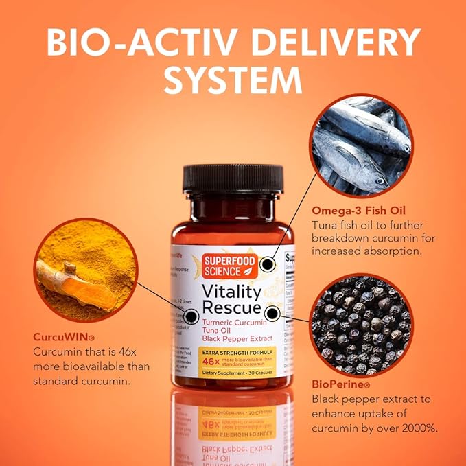 Vitality Rescue Omega 3 with Turmeric Curcumin Supplement Fish Oil DHA EPA with BioPerine &amp CurcuWin 46X Absorption Supports Joint Muscle Heart &amp Brain Health 30 Capsules