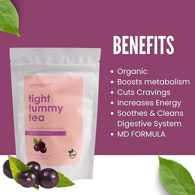 Genovie MD Organic Tight Tummy Tea Herbal Detox Diet Tea to Reduce Bloating and Boost Energy Great Nutritional Value All Natural Ingredients (Acai Berry)