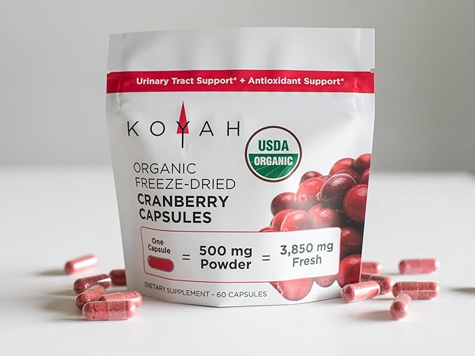 KOYAH - Organic Cranberry Capsules – 500 mg Freeze-Dried Whole-Berry Vegan Non-GMO Supports Urinary Tract &amp Antioxidant Health 60 Capsules