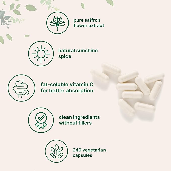 Micro Ingredients Pure Saffron Extract 240 Veggie Capsules | 2-in-1 Formula with High Absorption Fat-Soluble Vitamin C | Mood Vision &amp Heart Support | Filler Free