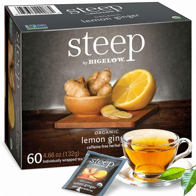 Bigelows- Organic Lemon Ginger Herbal Tea – 60 Individually Wrapped Caffeine-Free Tea Bags – Soothing &amp Refreshing Wellness Blend Custom Bundled by MOOCHI