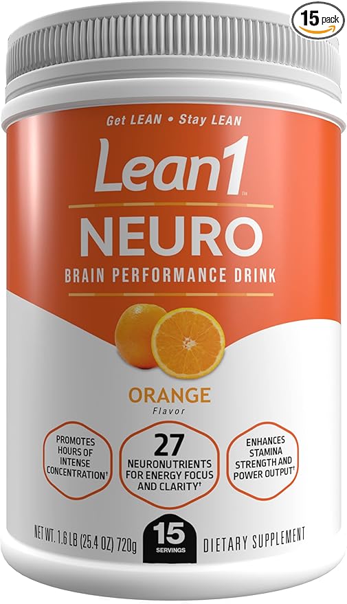 Lean1 Neuro Mental Energy Powder Drink orange flavor 15 serving tub by Nutrition53