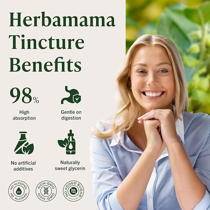 HERBAMAMA Ashwagandha Liquid Drops - Vegan Ashwagandha Root Extract for Calm &amp Mood Support - Non-GMO Alcohol &amp Sugar-Free Calming Supplement for Adults 28-Day Supply