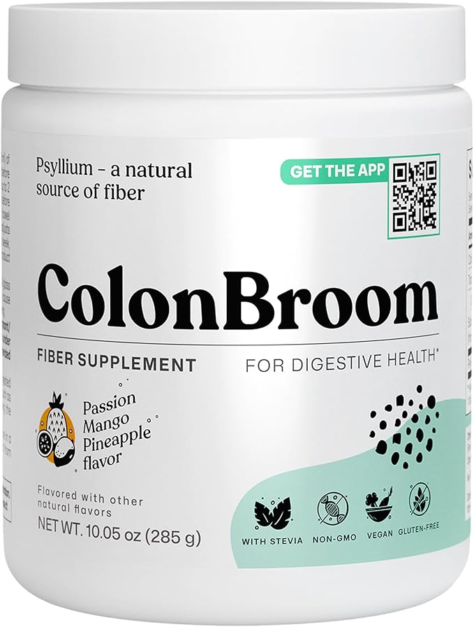 ColonBroom Psyllium Husk Powder with Stevia (Tropical Fruits) - Colon Cleanse for Bloating Relief &amp Gut Health - Colon Broom Fiber Powder Drink - Vegan Fiber Powder Stevia Supplement 50 Servings