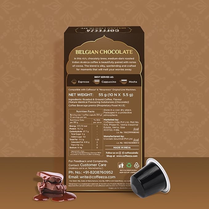 Coffeeza Dark Chocolate Flavoured Aluminium Coffee Capsules Intensity -7 | Box of 1 (10 Capsules)