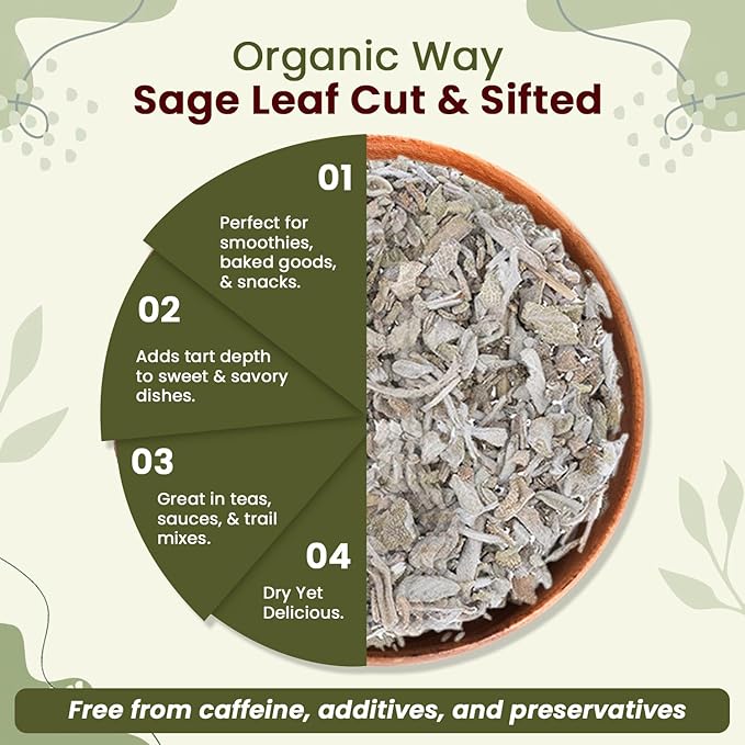 Organic Way Sage Leaf Cut &amp Sifted (Salvia officinalis) | Herbal Tea - European Wild-Harvest | Kosher Certified | Raw Non GMO &amp Gluten Free | USDA Certified | Origin - Albania | 16 Oz (Pack o