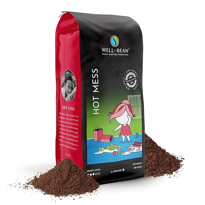 Well-Bean Coffee - Hot Mess Ground Coffee Nicaraguan Microlot Coffee Grounds Gluten-Free Keto Coffee Antioxidant Rich Coffee Ground Medium Roasted Coffee 2 lb