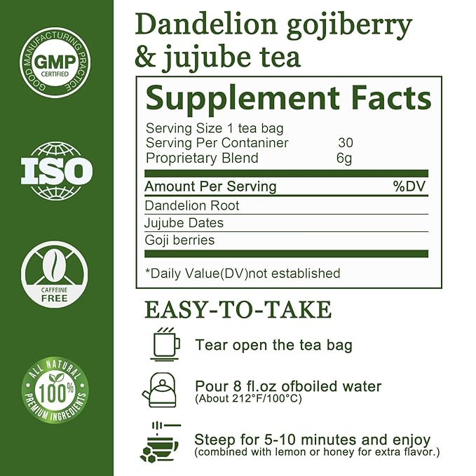 Harbique Dandelion Root Tea with Goji Berry &amp Jujube Dates Liver Cleanse &amp Detox Support Caffeine Free Herbal Tea for Immune Support &amp Gentle Energy 30 Pyramid Tea Bags