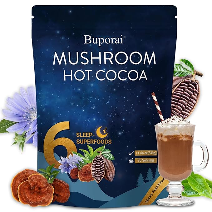 Mushroom Hot Cocoa with Melatonin Reishi L-Theanine Cocoa Powder Hot Chocolate Nighttime Drink Mix for Sleep &amp Relax - 30 Servings