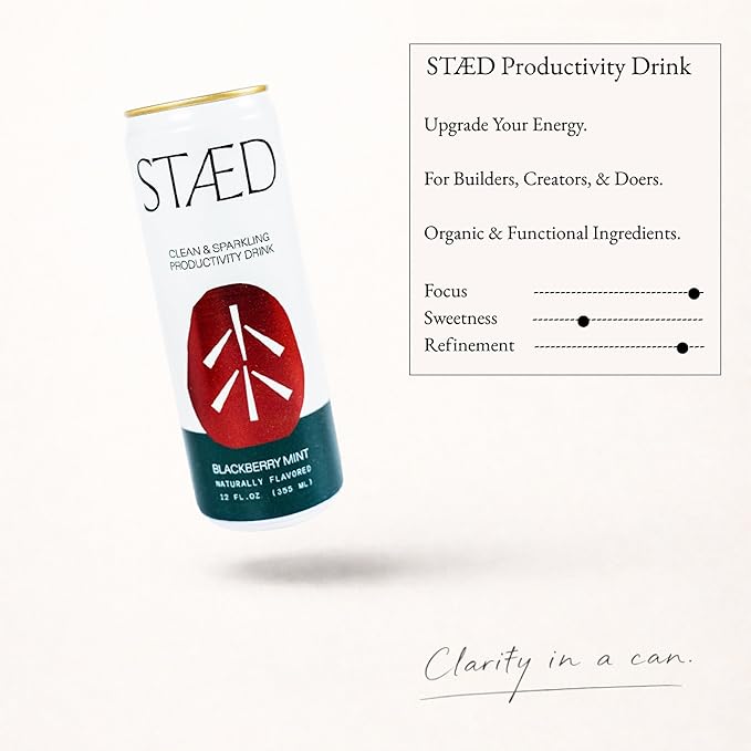 Drink Staed Blackberry Mint Productivity Drink Sparkling Functional Beverage 12-Pack – With Cognizin® Citicoline &amp L-Theanine Organic Clean Caffeine Healthy Energy Drink