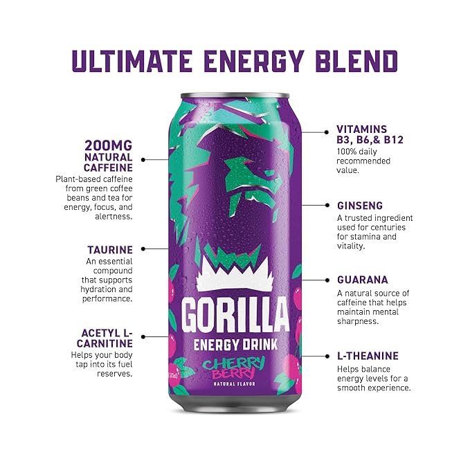 Gorilla Energy Drink Cherry Berry 200mg Natural Caffeine Real Fruit Juice Squeezed &amp Concentrated L-Theanine Taurine Ginseng Acetyl L-Carnitine No Added Sugar and No Artificial Colors 12