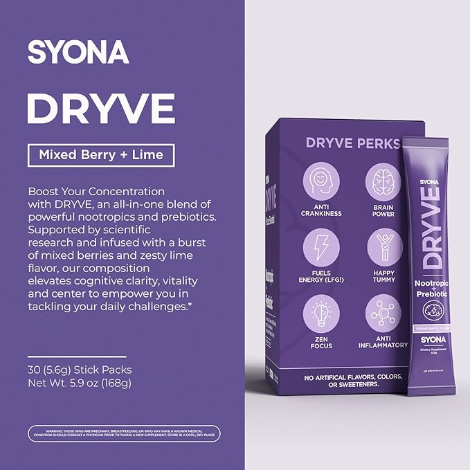 SYONA - DRYVE - Berry-Lime Nootropic Drink Mix - Focus and Energy with Lion's Mane Guarana Seed L-Theanine and Prebiotic Blend - 30 Stick Packs