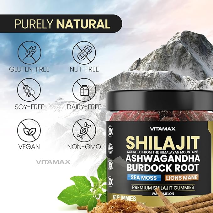 Organic Shilajit Gummies Sea Moss Ashwagandha 105+ Trace Minerals – Organic Burdock Root &amp Lions Mane Mushroom – Watermelon Flavor - Vegan &amp Non-GMO – Made in USA – 60ct