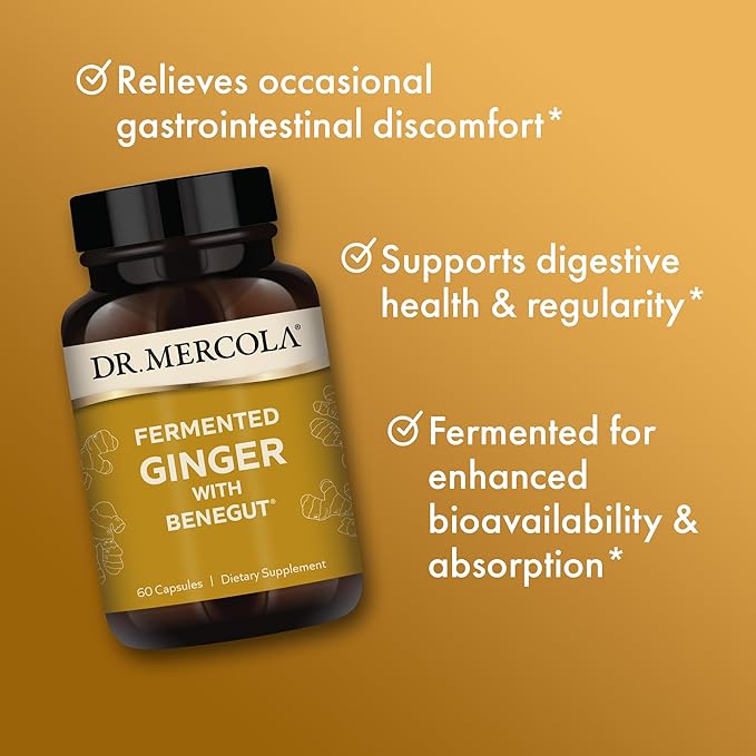 Dr. Mercola Fermented Ginger with Benegut - Supports Digestive &amp Gut Health - Aids Occasional Gas Bloating &amp Discomfort - Non-GMO Gluten-Free &amp Soy-Free - 60 Capsules (60 Servings)