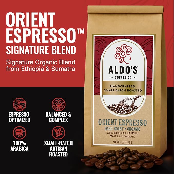 Aldo’s Orient Espresso – Organic Handcrafted Coffee Beans Signature Dark Roast Espresso Blend Small-Batch Artisan Roasted Bold Smooth Low-Acid Coffee (16 oz) (Medium Coarse Ground)