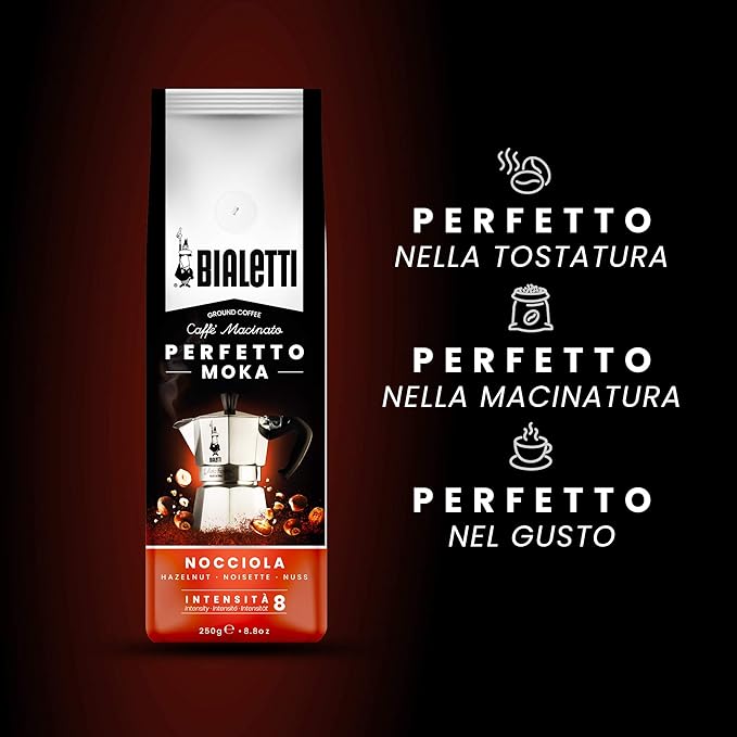 Bialetti - Perfetto Moka Nocciola: Gemahlener Kaffee mit mittlerer Röstung Haselnuss-Aroma 250g x 6 Beutel mit Aromaschutzventil