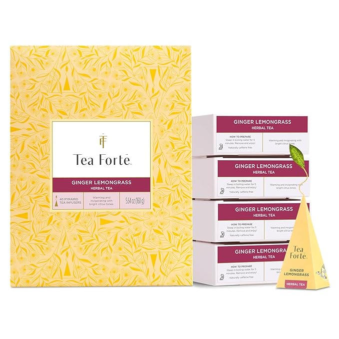 Tea Forte Ginger Lemongrass Premium Caffeine-Free Herbal Tea Blend Event Box Bulk Pack 40 Count 10 per tray Individually Wrapped Handcrafted Pyramid Infusers