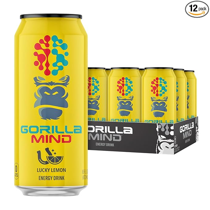 Gorilla Mind Energy Drink | Unmatched Energy · Amplified Focus | N-Acetyl-L-Tyrosine Alpha-GPC 200mg Caffeine Uridine Saffron | 0 Sugar Or Artificial Colors | 16oz 12-Pack (Lucky Lemon)