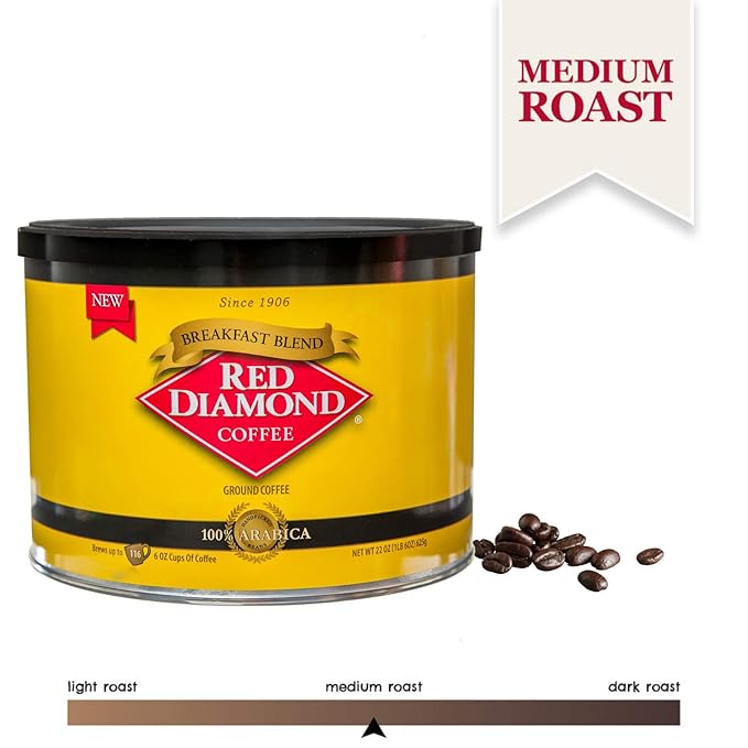 Red Diamond Ground Coffee | Breakfast Blend | Medium Roast | 100% Premium Arabica Beans | Rich &amp Flavorful Taste | 22 Ounce Resealable Can