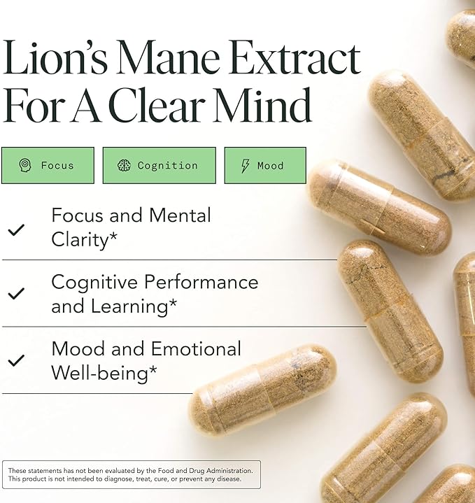 Fantastic Fungi Lions Mane Supplement Capsules - Lions Mane Mushroom Supplement for Focus Memory &amp Mood - Adaptogenic Functional Mushroom Extract USDA Organic Vegan 120 Capsules (2-Month Suppl