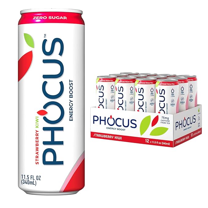 Phocus Energy Boost Blood Orange &amp Strawberry Kiwi Bundle | 11.5 Fl oz (Pack of 24) | No Sugar | 75mg Caffeine + L-Theanine | 0 Calories