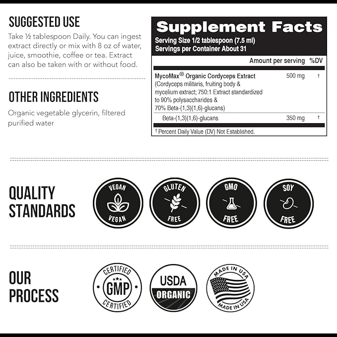 Organic Cordyceps Mushroom Extract - 70% Beta Glucans - Highest Active Nutrient Levels Max Potency Cordyceps Tincuture US Grown + Ultrasonic Extraction - Performance Immunity and Energy - 8 oz.