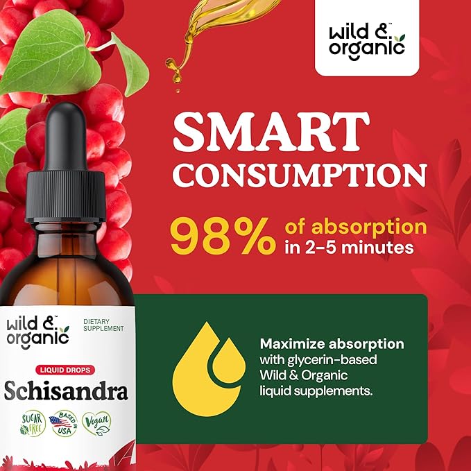 Wild &amp Organic Schisandra Berry Extract Drops 500 mg - Relaxing Schisandra Supplement - Liquid Chinensis Tincture - Vegan Sugar &amp Alcohol-Free - 2 fl oz