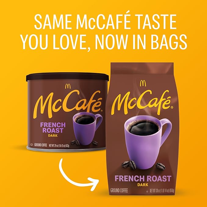 McCafe French Roast Ground Coffee Dark Roast Dark Cocoa Flavor Hints Premium Quality Responsibly Sourced Kosher Certified 30oz. Bag