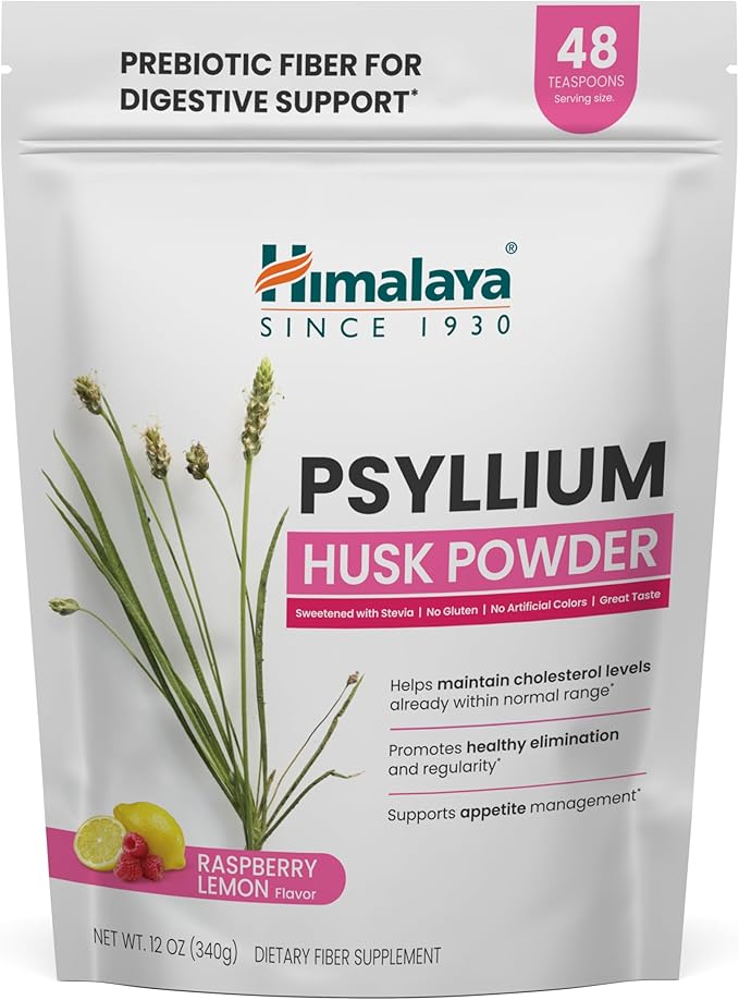 Himalaya Raspberry Lemon Psyllium Husk Powder Daily Fiber Supplement for Digestive Health &amp Regularity Sugar-Free Gluten-Free Vegan No Artificial Colors Easy-to-Mix 12 oz (340 g)