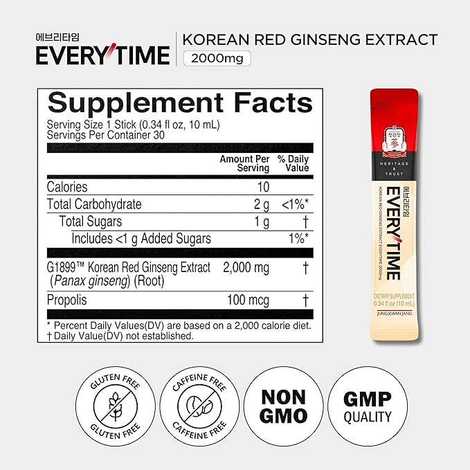 JUNG KWAN JANG Everytime Korean Red Ginseng Extract 2000mg - Liquid Stick Supplements with Propolis &amp Adaptogen - Energy Boost &amp Immune Support Natural &amp Healthy Energy Drinks (10 Sticks