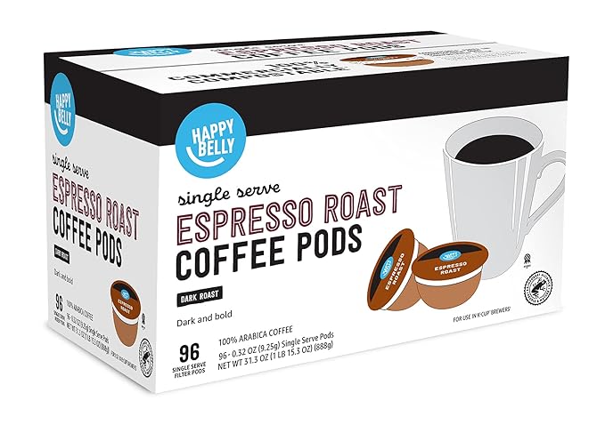 Amazon Brand - Happy Belly Espresso Roast Compostable Coffee Pods (Dark Roast) Compatible with K-Cup Brewer 96 Count