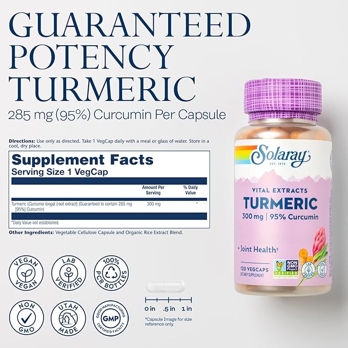 SOLARAY Turmeric Supplement 300 mg - Turmeric Root Extract with 95% Curcumin - Joint Support Supplement for Joint Health and Comfort - Non-GMO Vegan Gluten Free 60-Day Guarantee 120 Servings