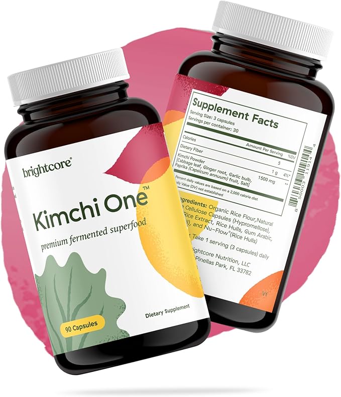 Brightcore Nutrition - Kimchi One Kimchi Powder Capsules Probiotics Enzymes &amp Antioxidant Supplement Premium Gut Health Superfood for Overall Well Being Gluten-Free 90 Vegan Capsules