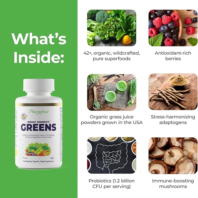 Paradise Herbs ORAC Energy Superfood Capsules Includes Over 42 Organic &amp Wild-Crafted Ingredients Probiotics &amp Enzymes 120 Count