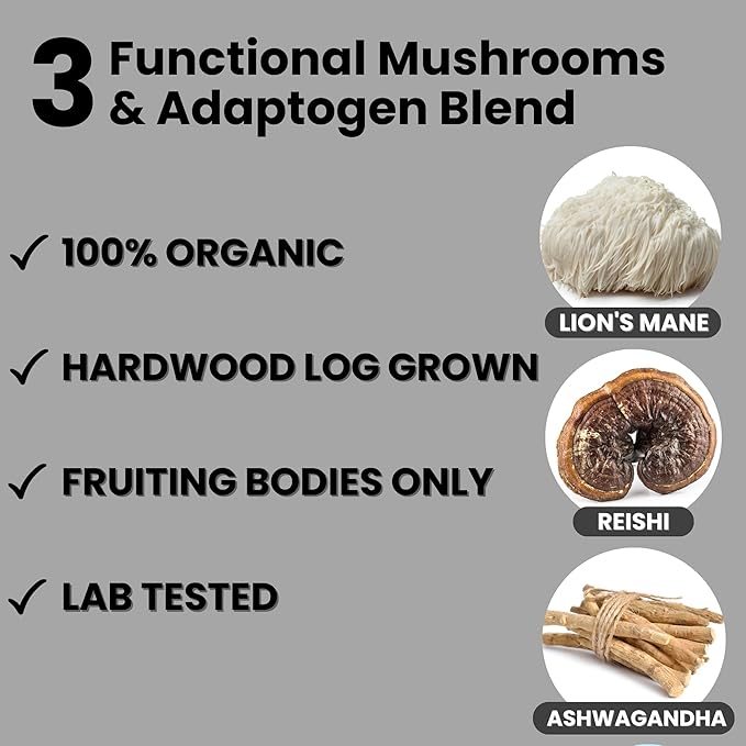 Moontower High-Caffeine Mushroom Coffee - Organic Lions Mane Reishi and Ashwagandha Adaptogen Mushroom Blend Nicaragua Arabica Beans - Boosted Energy Mental Clarity &amp Relaxation (12 oz)