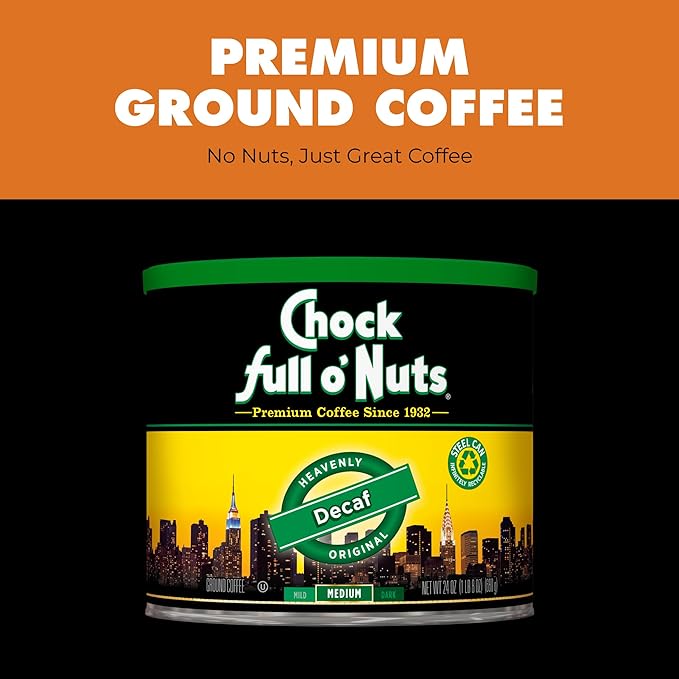Chock Full o' Nuts Heavenly Original Decaf Ground Coffee – Premium Beans in Recyclable Steel Can – Rich Flavor &amp Aroma Medium Roast – Perfect for Drip Pour-Over Percolator – 24 Oz Can