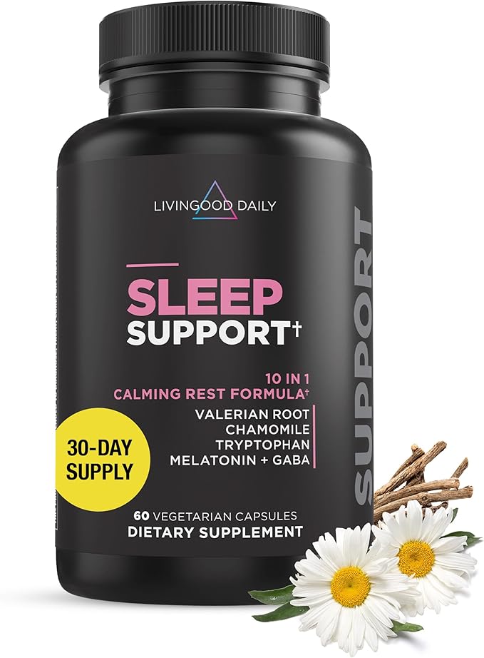 Livingood Daily Sleep Support Supplement 10-in-1 Natural Sleep Aid with 5 MG Melatonin Valerian Root Chamomile Tryptophan &amp GABA for Men &amp Women Non Habit Forming Gluten Free Vegan 60