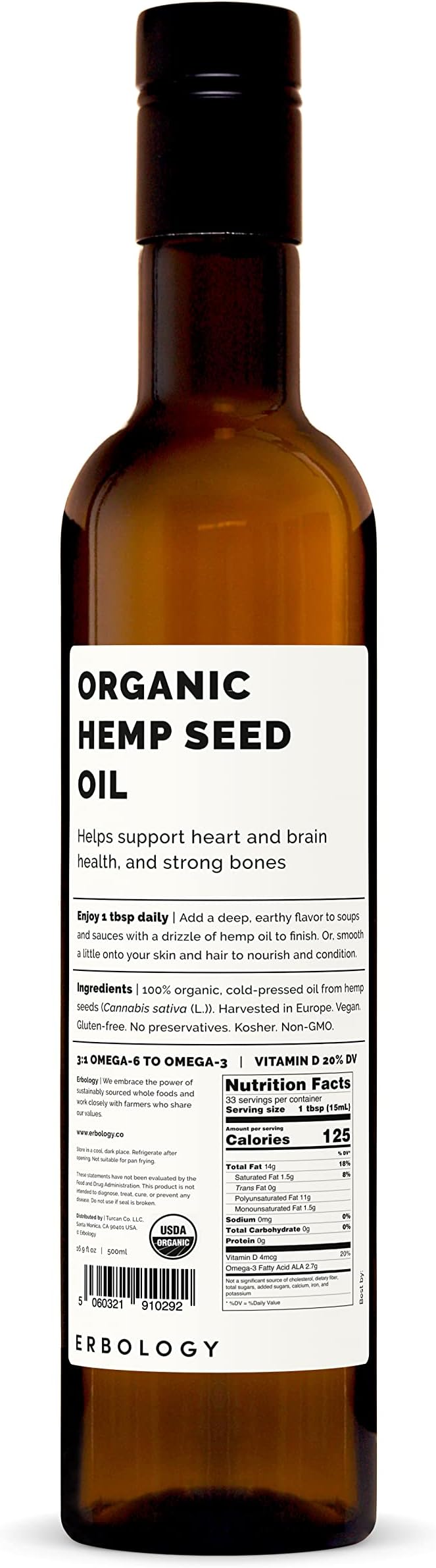 Erbology Organic Hemp Seed Oil 17 fl oz - Cold-Pressed - Rich in Omega-3 - Source of Vitamin D - Straight from Farm - Non-GMO - No Additives or Preservatives - Recyclable Glass Bottle