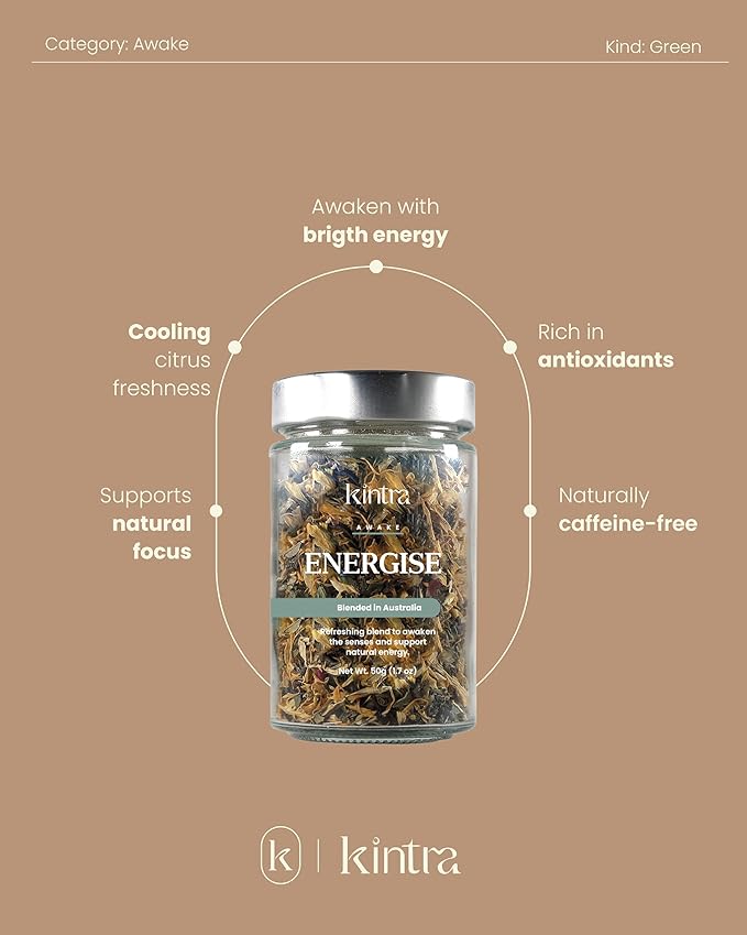 Kintra Foods Energise Loose Leaf Herbal Tea Jar 50g | Natural Herbal Tea Invigorating &amp Uplifting Blend | Eco-Friendly Antioxidant-Rich Caffeine-Free No Additives No Sugar