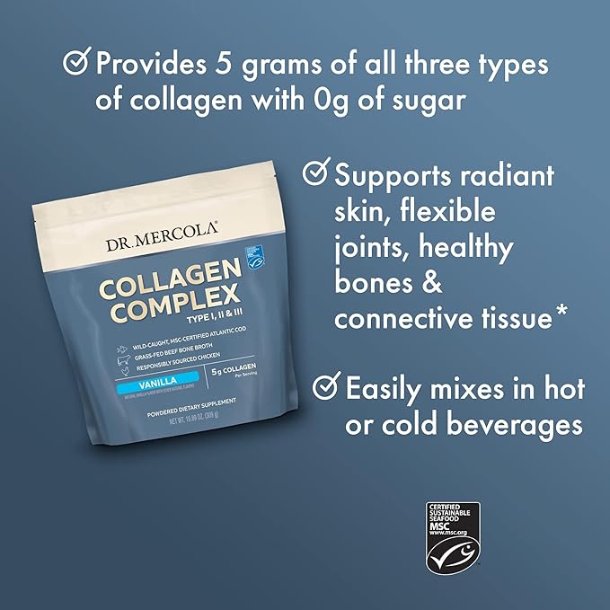 Dr. Mercola Collagen Complex Powder - Supports Skin Elasticity &amp Tissue Health - Multi-Source Collagen Types I II &amp III - Non-GMO Gluten-Free &amp Soy-Free - 10.89 oz (30 Servings) - Vanill