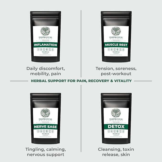 Elephantal Wellness Premium Inflammation Herbal Tea | Comfort &amp Mobility Blend with Turmeric Boswellia White Willow Bark &amp Ginger | Handmade Non-GMO Caffeine-Free Loose Leaf 2oz 20 Servi