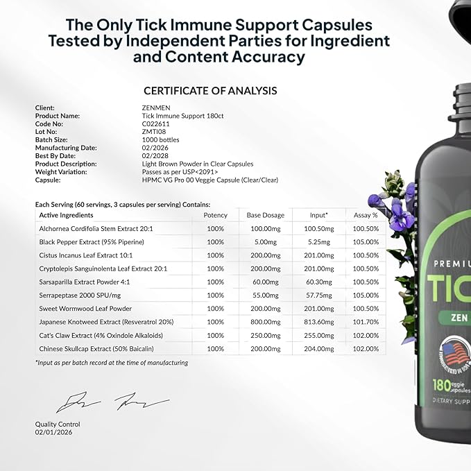 Zenmen Daily Tick Guard Immune Support Supplement - Improved Formula - Japanese Knotweed Cat's Claw Chinese Skullcap Cryptolepis Sanguinolenta Sweet Wormwood - 180 Vegan Capsules Made in The USA