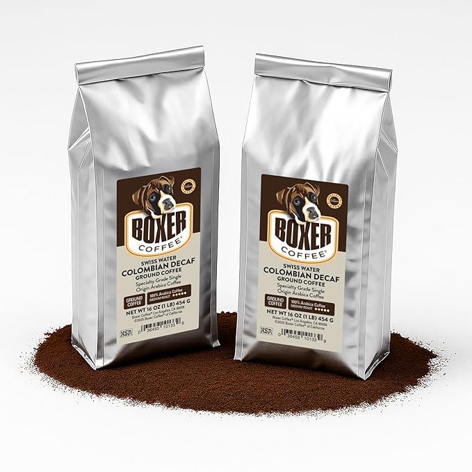 Boxer Coffee Medium Roast Swiss Water Decaf Colombian Ground Coffee – Specialty Grade Single Origin Arabica – 2 Pack (1 lb Each Total 2 lbs)