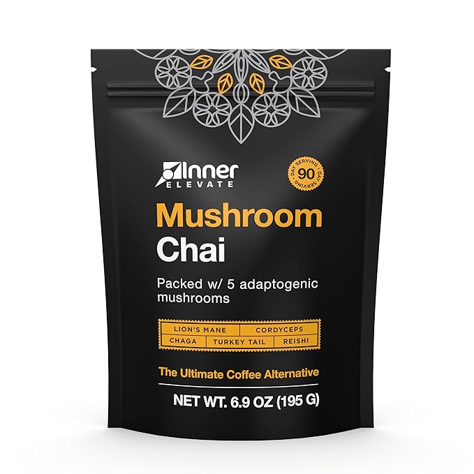 Inner Elevate Mushroom Chai - Ultimate Coffee Alternative - Adaptogenic Mushroom Tea Drink with Lion's Mane Cordyceps Chaga Reishi Turkey Tail (90 Servings)
