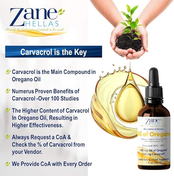Zane Hellas 190 mg Oregano Oil-164 mg Carvacrol per Serving-4 Drops Daily. 100% Greek Undiluted Oil of Oregano. 86%-90% Min Carvacrol. Probably The Best Oregano Oil in The World. 1 fl. oz.- 30ml