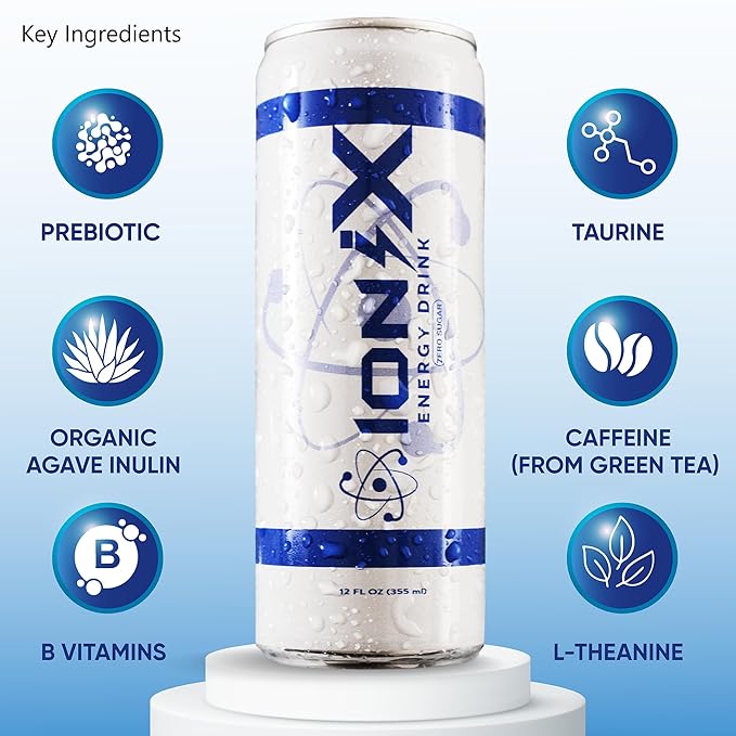 Zero Sugar Energy Drink - ionix Nootropic Drink to Boost Focus and Mood with L-Theanine Natural Green Tea Caffeine Vitamins &amp Prebiotic for Gut Health - 12 fl oz Cans (Pack of 12)