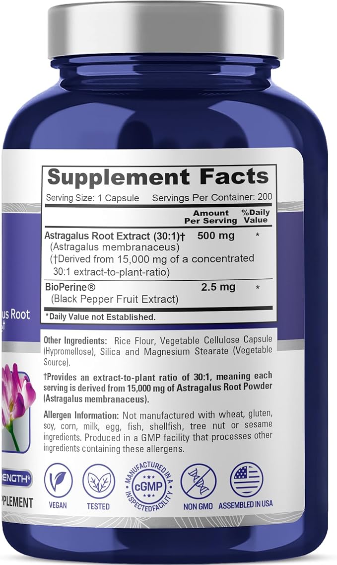 NusaPure Astragalus Root 30:1 Extract 500 mg Equivalent to 15000 mg 200 Veg Caps Suitable for Vegetarians and Vegans Non-GMO