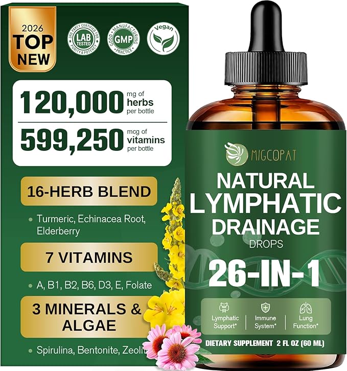 26-in-1 Liposomal Lymphatic Drainage Drops Echinacea Turmeric Elderberry Dandelion Vitamins and Mullein Drops for Lungs Lymphatic Immune Support Liver Cleanse Detox &amp Repair 2 fl oz