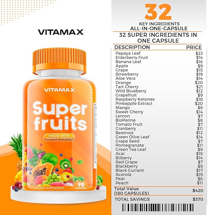 Vitamax Super Fruit and Vegetable Supplements – Whole Superfood Vitamins &amp Minerals – 90 Veggie and 90 Fruit Capsules for Women Men and Kids - Soy Free – Made in The USA