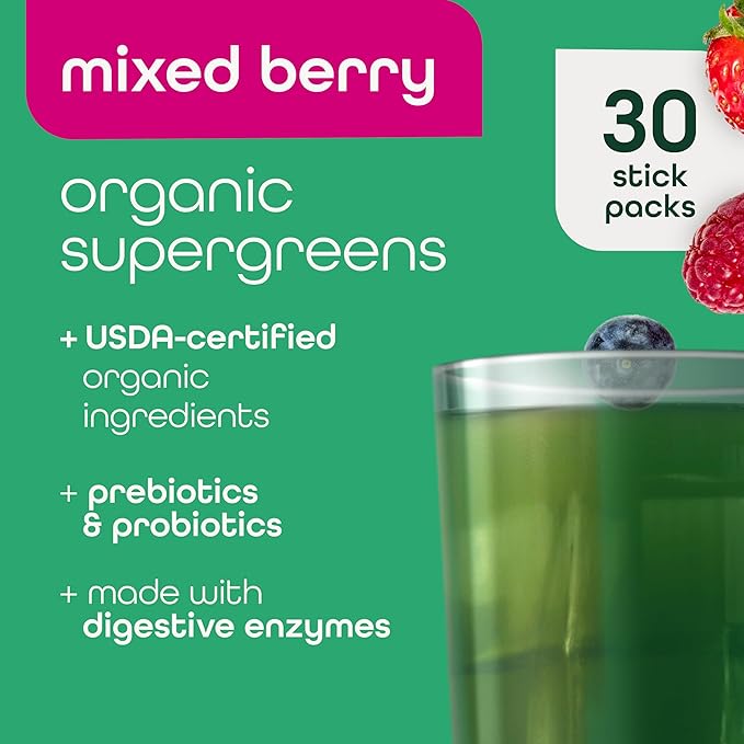 Zena Nutrition Organic Super Greens Powder 70+ Superfoods 0 Sugar 3g Fiber Spirulina Chlorella Mushrooms Prebiotics/Probiotics Digestive Enzymes Gut Health Mixed Berry 30 Drink Mix Packets
